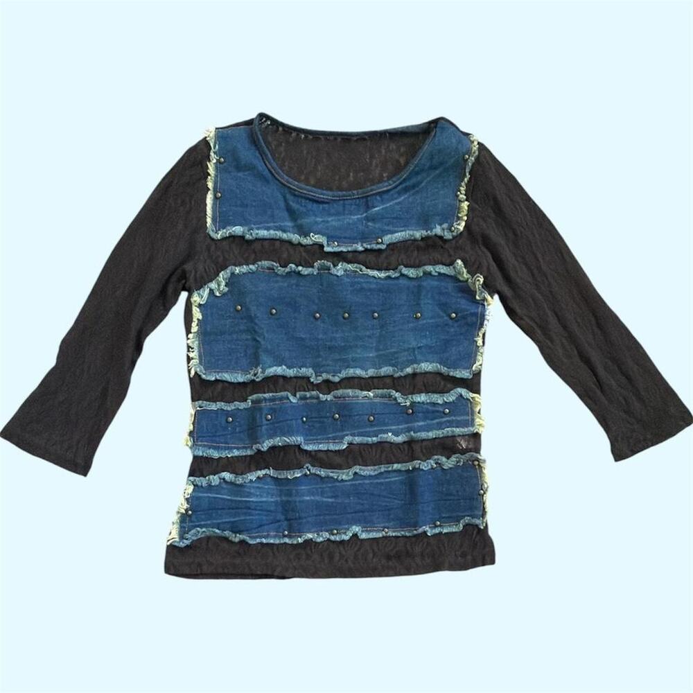 Euro brown lace top with denim details and studs